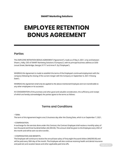 Retention bonus agreement example With this Retention Bonus Agreement template you can: Offer a retention bonus to a deserving employee in a formal way